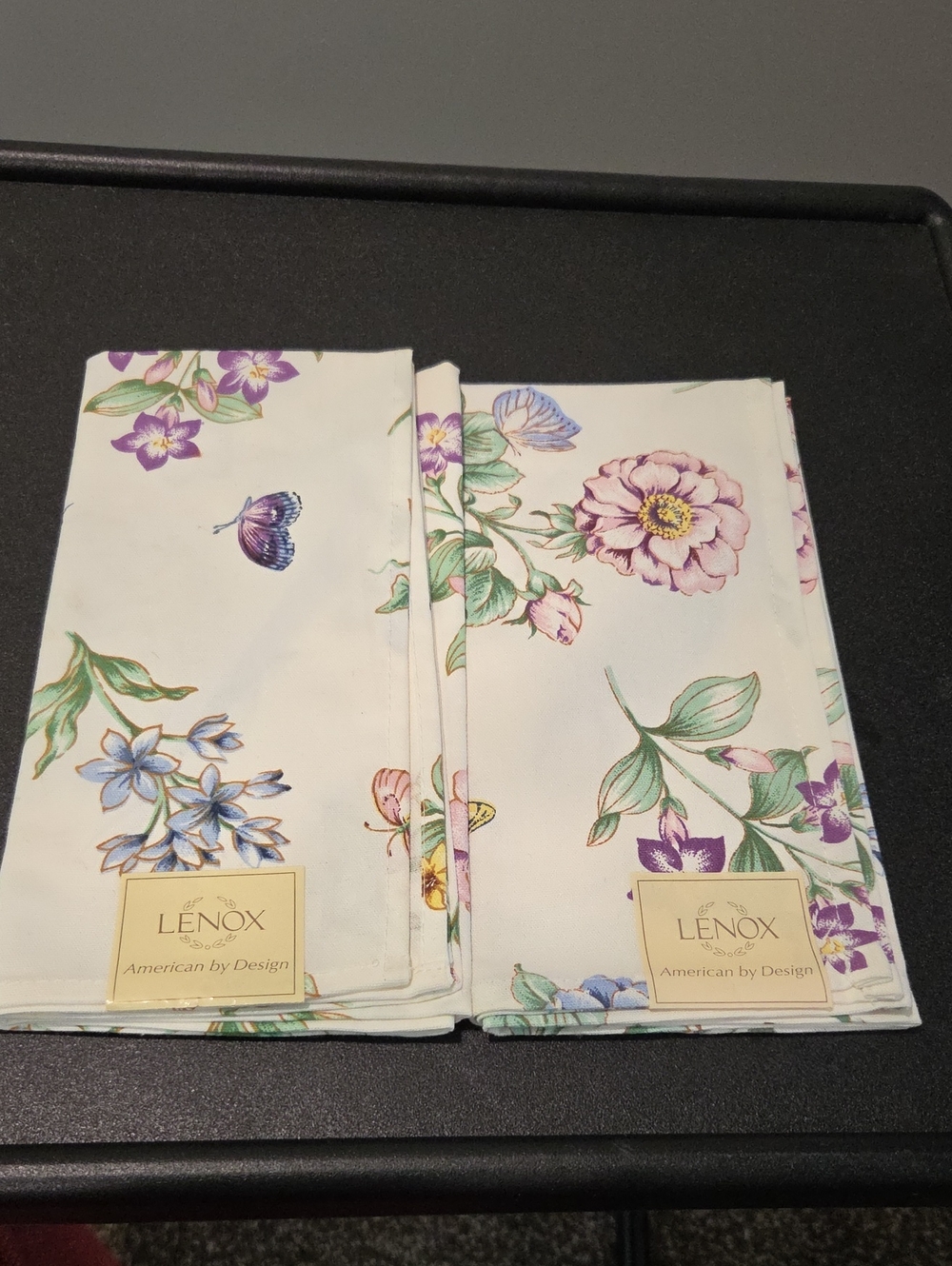 Lenox White Cotton Napkins with Pastel Floral & Butterfly Print - Set of 2